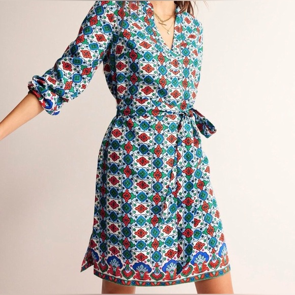 Boden Dresses & Skirts - BODEN Cleo Linen Tie Waist Dress Ivory Amalfi Print Preppy Boho Red Blue Size 2